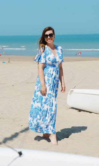 Jurk Bloemenprint Lang Blauw en paars